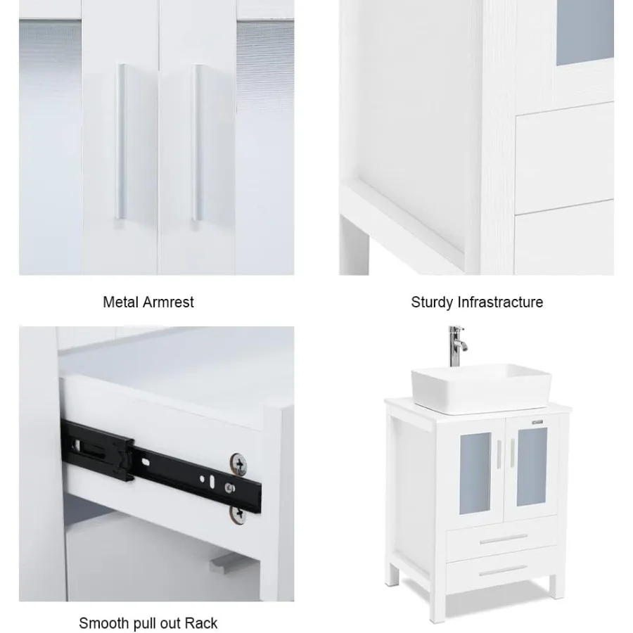 24" Modern Bathroom Vanities Sink Combo White Stand Cabinet with White Rectangle Ceramic Vessel Sink & Water Save Faucet 5