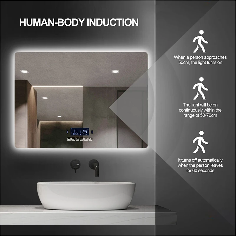 60x80cm Dimmable LED Smart Rectangular Wall Mounted Bathroom With Body Induction Anti-Fog Bluetooth Backlit Light Vanity Mirror
