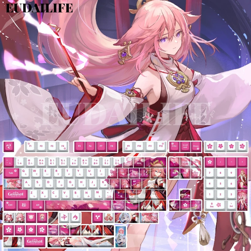 Genshin Impacto Yae Miko 132 Chave Capa Pbt Tintura Sublimação Cereja mx Cruz Eixo Interruptor Keycap para Teclado Mecânico Jogo Presente