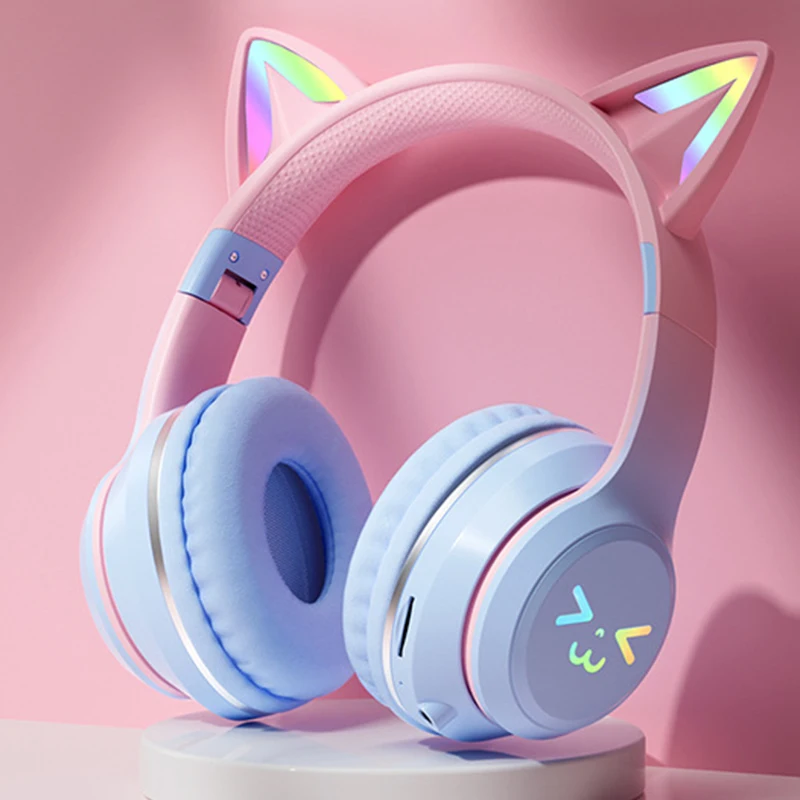 

Cat's Ears Headset RGB Light Smile Face TWS Headset Gradient New Headphone Pink Little Girl Earphone Gift Suitable for Any Phone