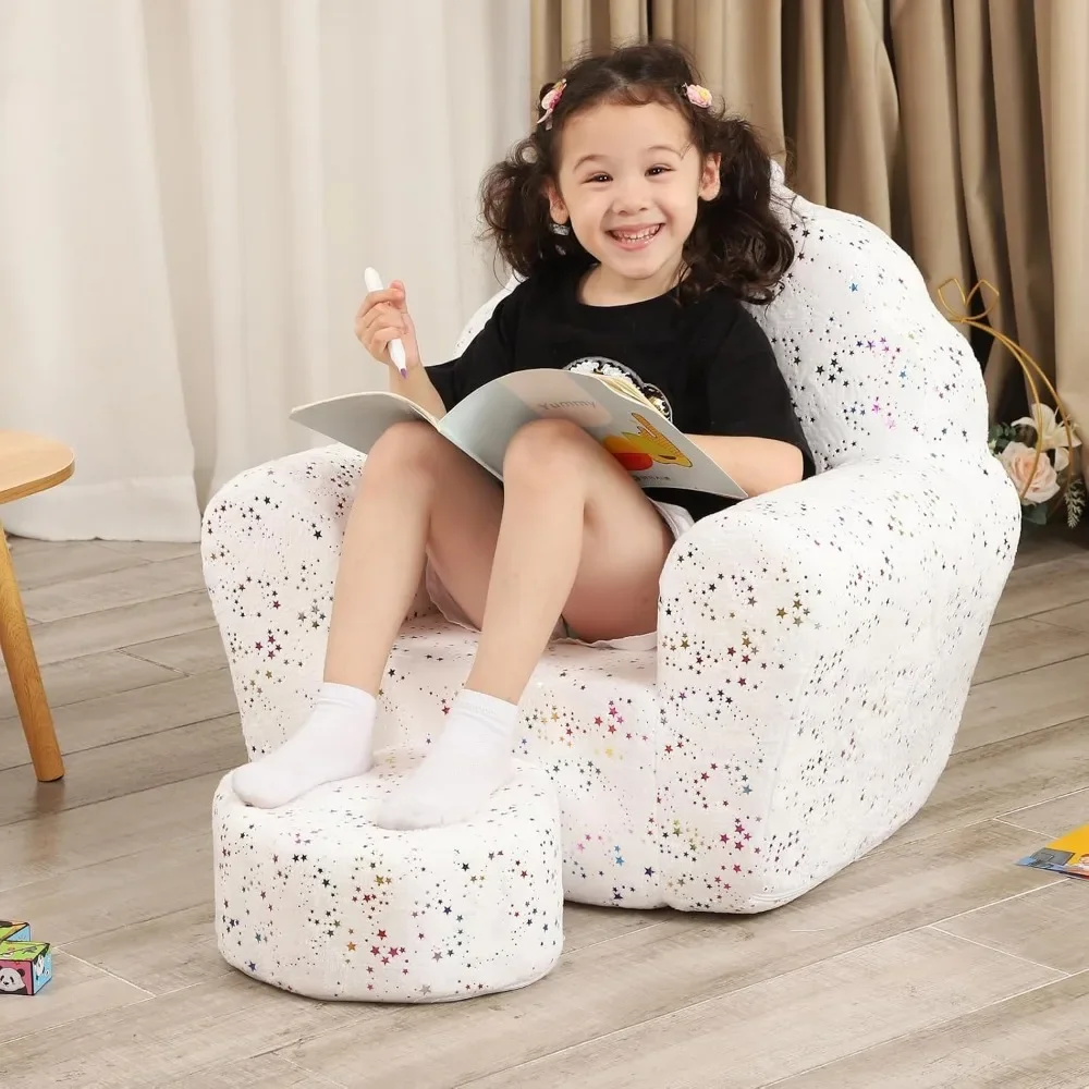 Kids Sofa with Ottoman, Shell-Like Sofa for Boys and Girls, White with Shinny 4