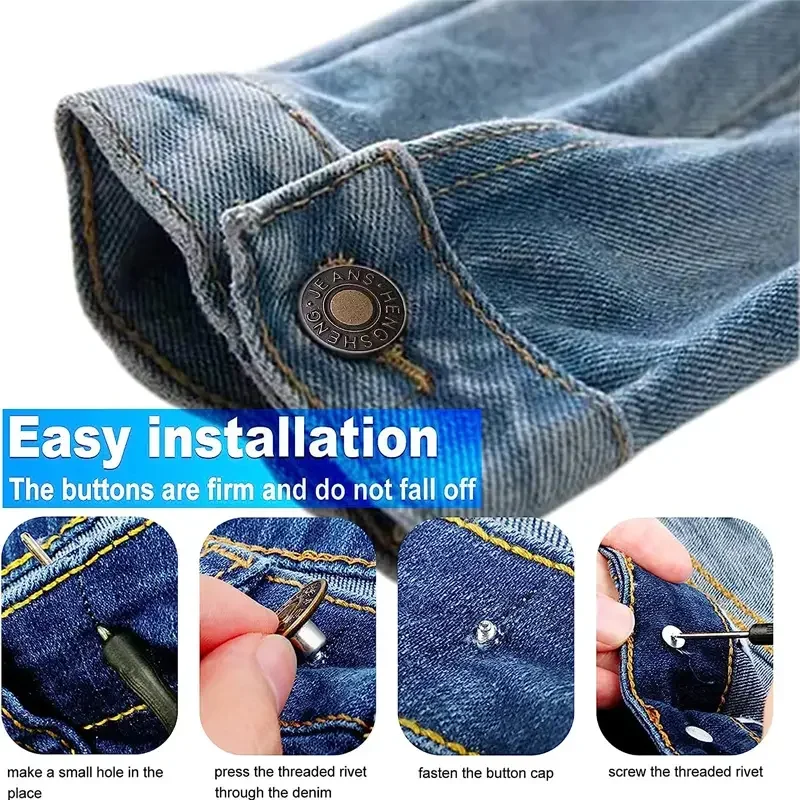 Vintage Metal Buttons for Jeans, Shrink Waist Size, Easy to Install, Detachable and Reusable, Denim Jacket Decoration, 10 PCs