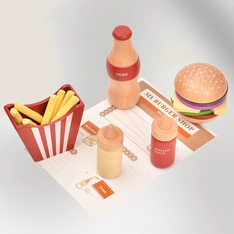 

Children's Home Wooden Toy Fast Food Combination Wooden Simulated Cutting Le Burger and French Fries Set