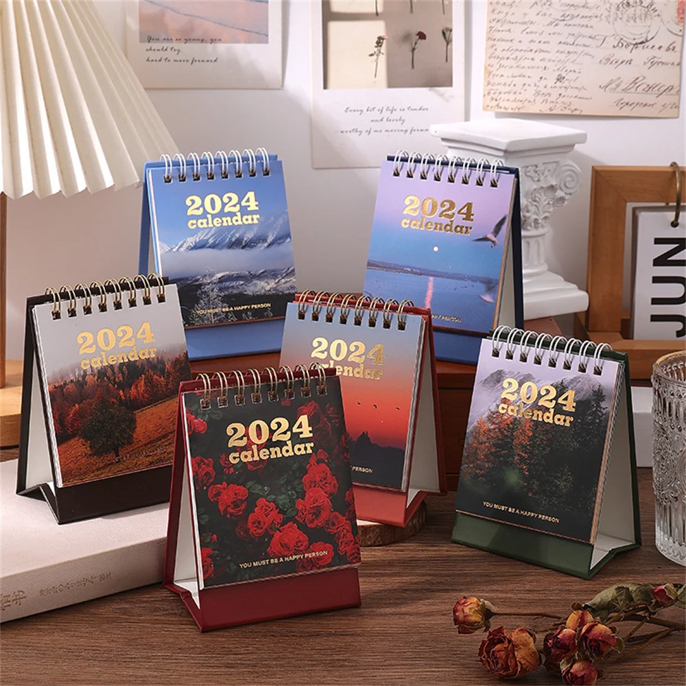 2024 Mini Desktop Calendar Creative Scenery Themed Desk Calendar Monthly Planner Calendar Book Table Decoration Student Supplies