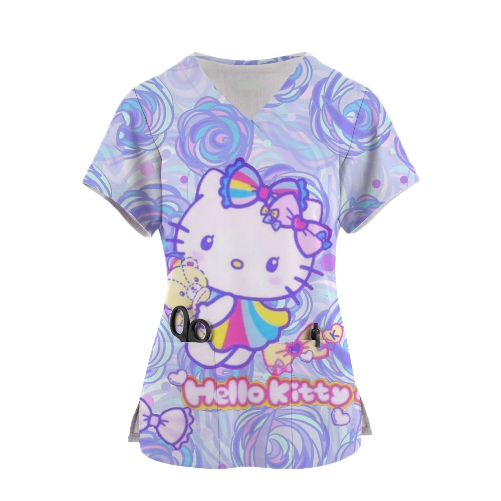 thumbnail image 1 of Uniforme de enfermera kawaii con estampado de Hello Kitty para mujer, blusa de manga corta con bolsillos, uniformes médicos de enfermería, 1 of 5
