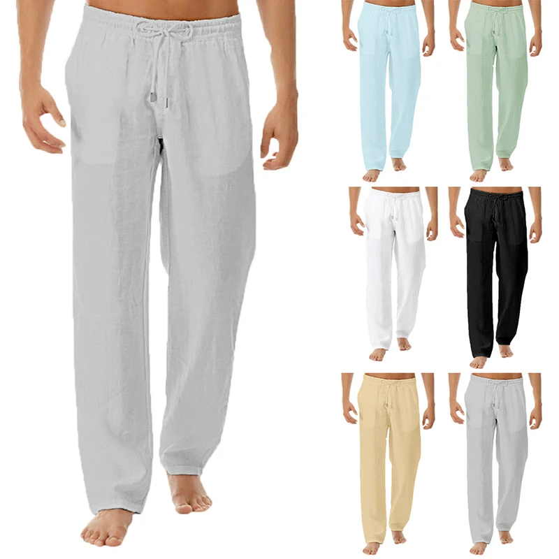 

Summer Casual Trousers Men's Elastic Waist Straight Pants Natural Breathable Loose White Male Pants