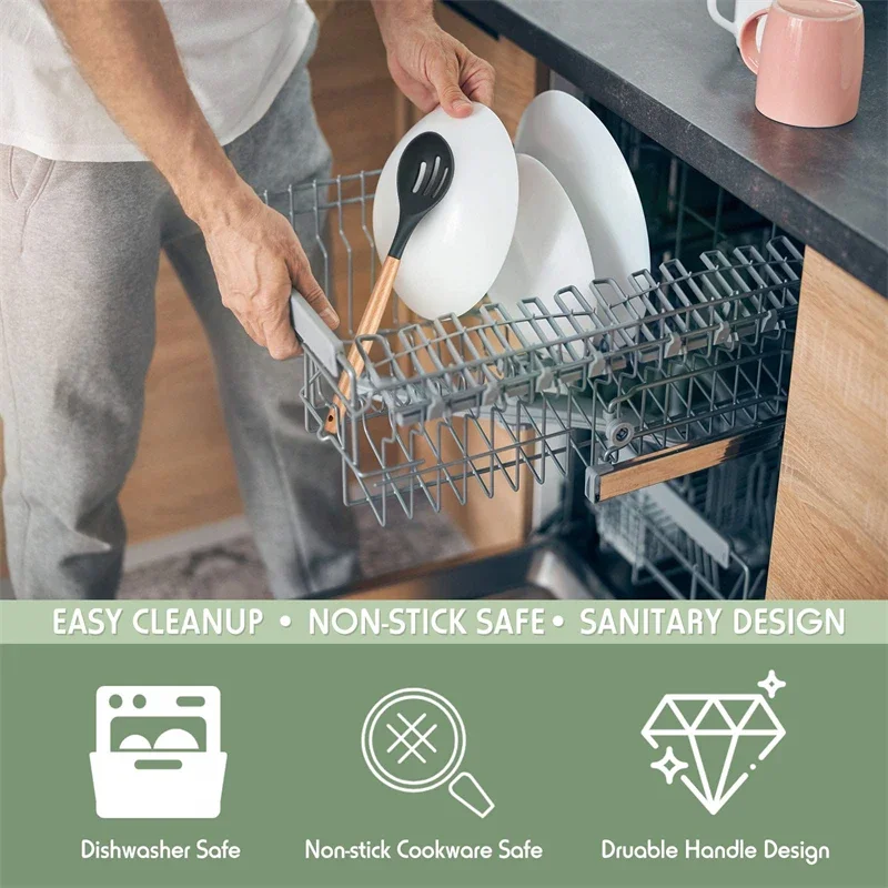 2Pcs Non-Stick Silicone Skimmer Colander Wooden Handle Slotted Serving Spoon Heat-Resistant Cooking Utensil Salad Stirring Spoon