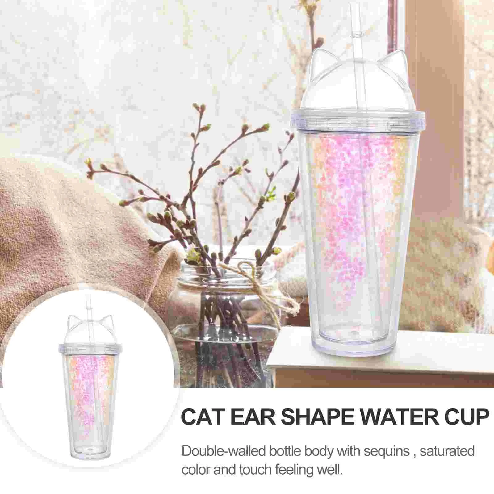 Tumbler Cup Water Bottles with Straw - Double Walled Cat Ear Glitter Tumbler Cup for Drinking Coffee - Kids & Adult Water Bottle - Transparent, Red, O