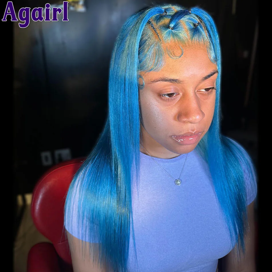 

13X6 13X4 Sky Blue Lace Front Human Hair Wig Transparent Lace Frontal Straight Wigs Pre Plucked for Black Women Peruvian 613 Wig