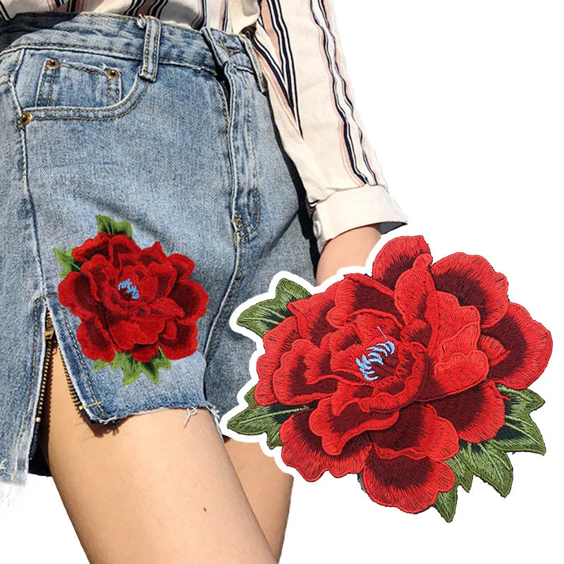 Red Rose Flower Patch Sew On Cloth Badge Embroidered Floral Applique Decorative 1PC