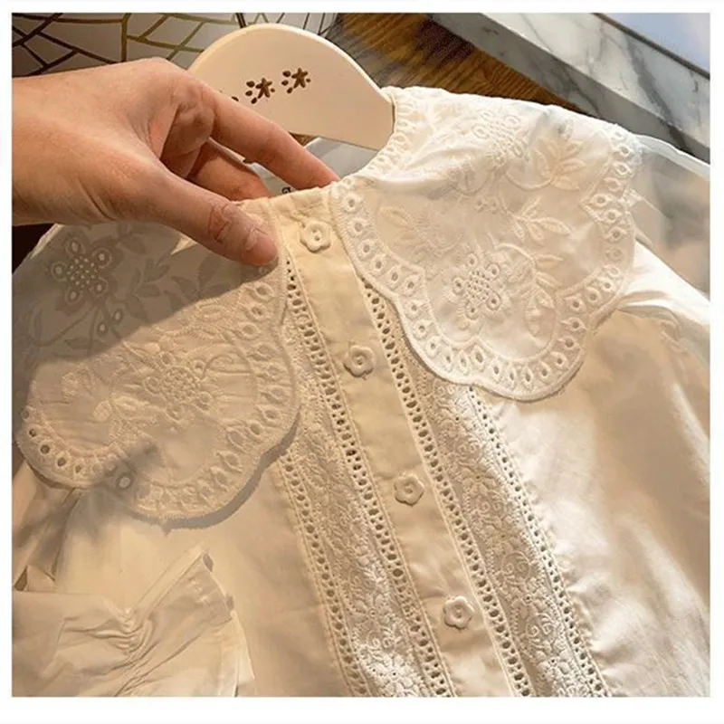 Spring Autumn baby girls lace Hollow out shirts 2-7 Years Girl cotton embroidery Lapel long sleeve blouses Tops