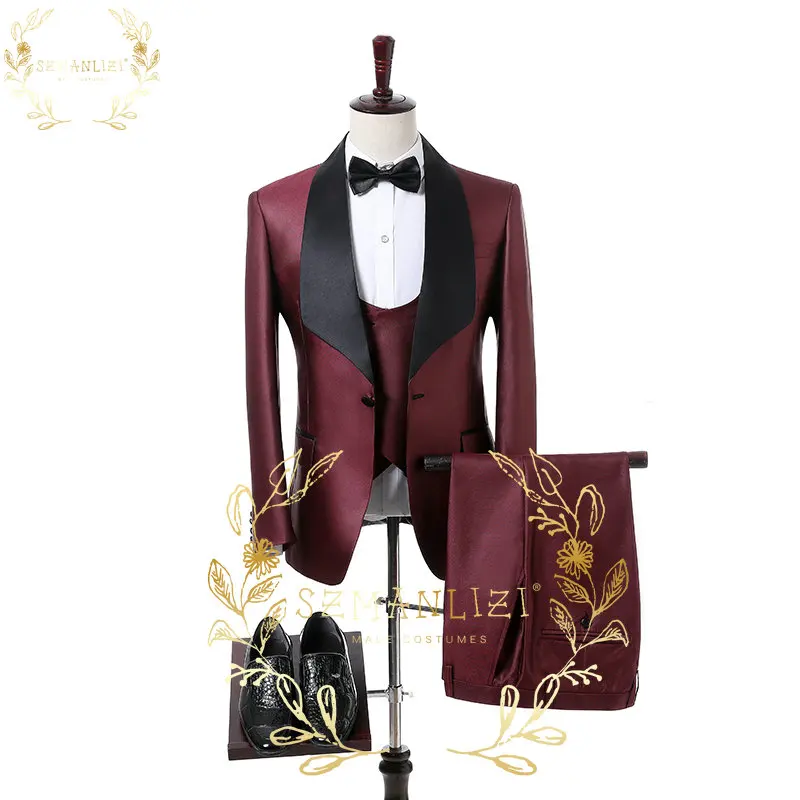 

New Brand Tailor Made Shiny Burgundy Male Groom Tuxedos Men Suits 3 Pieces Slim Fit Wedding Prom Blazer (Jacket+Pants+Vest)