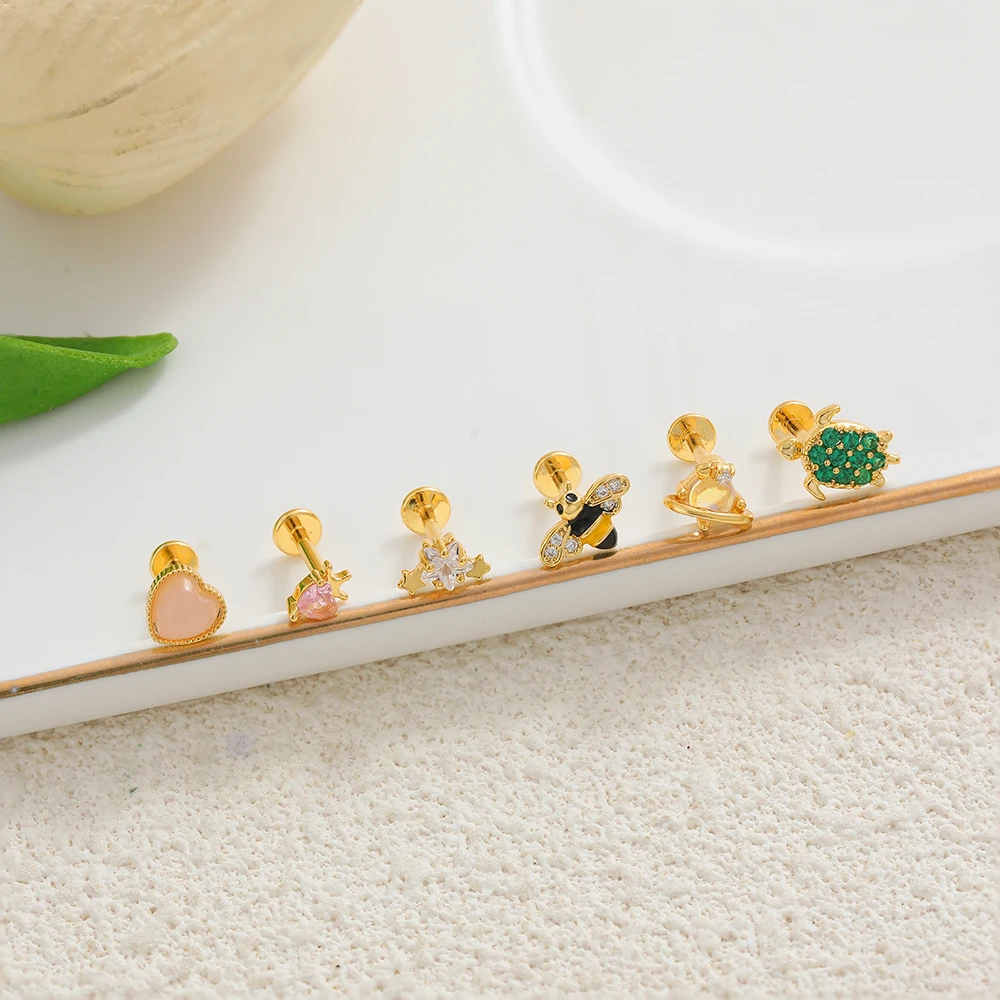 Fashion Pink Love Heart Zircon Navel Piercing Mini Sea Turtle Bee Natural Stone Lip Punching Stud Earring for Women Punk Jewelry