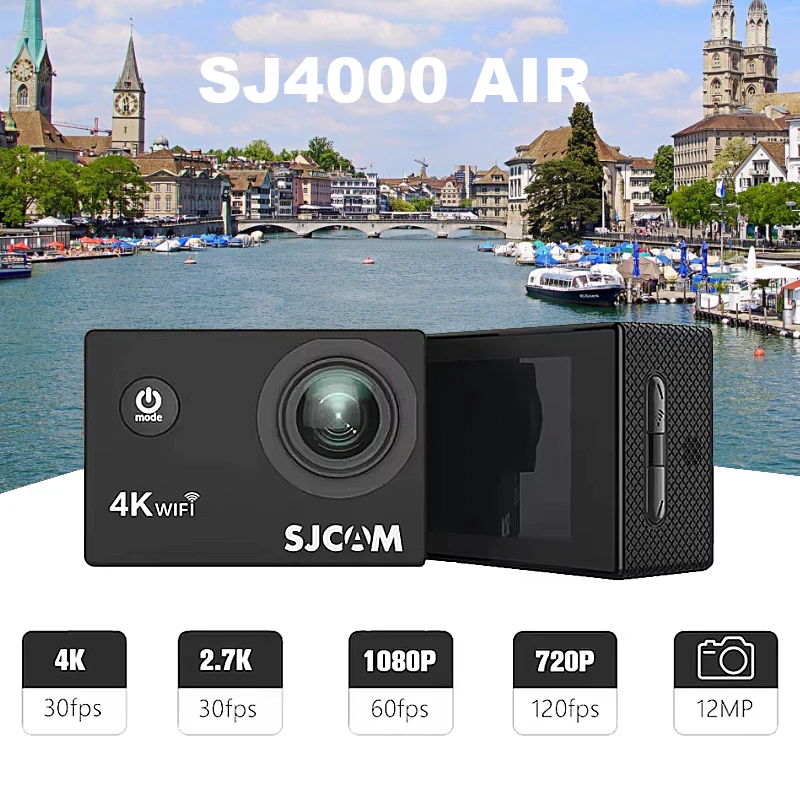 Caméra sport SJ4000 WiFi écran double avec accessoires : supports, câbles et carte mémoire 64 Go.