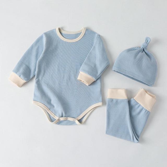 Romper Set Spring Stripe Pattern Long Sleeve Triangle Jumpsuit Trousers Hat Three-piece Suit Autumn Winter Kid Clothes Girl