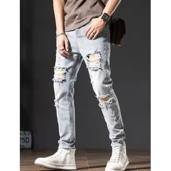 Trendy Brand Ripped Light-color Jeans Men's 2025 Spring Summer Thin Slim-fit Pants Ruffian Hands Pants Ripped Jeans Men Clothing 1