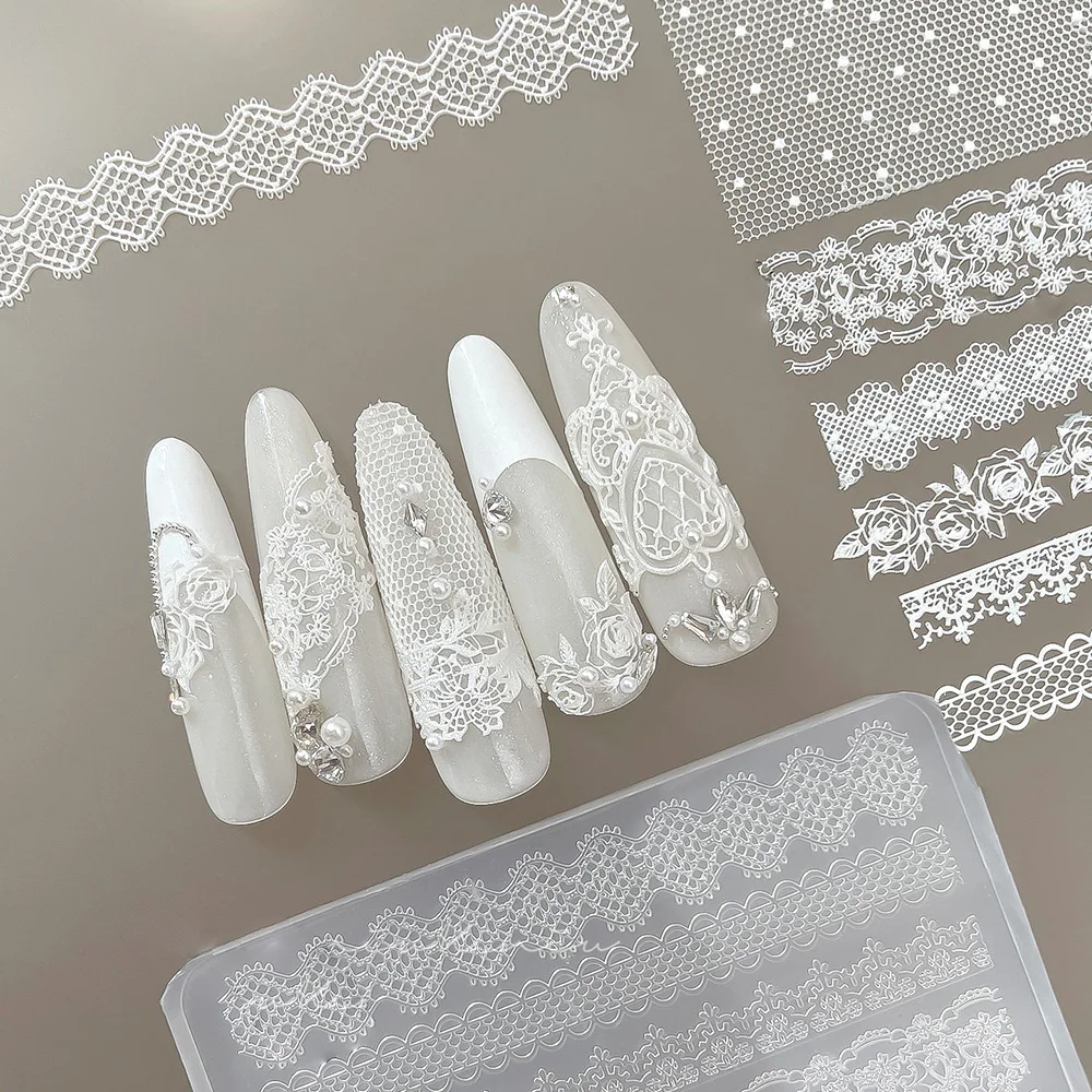 1개 3D 레이스 장미 실리콘 네일 아트 몰드 속이 빈 프렌치 체크 무늬 참 네일 템플릿 DIY 섹시하고 우아한 레이스 매니큐어 몰드