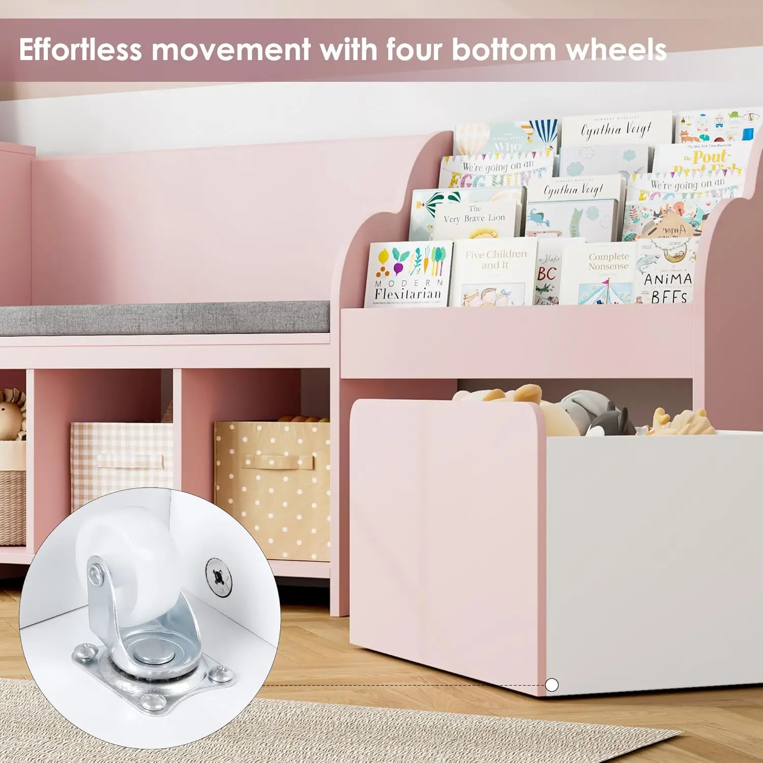 Kids Reading Nook with Bench Kids Bookshelf and Bookcase with Seat Cushion 6 Storage Cubbies Toy Storage Box on Wheels