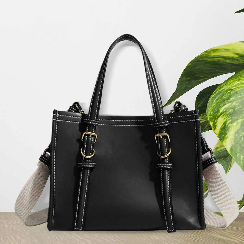 Women's Retro PU Leather Tote Bag Solid Color Top Handle Shoulder Satchel Fashion Work Bag for Daily Use - Image 3