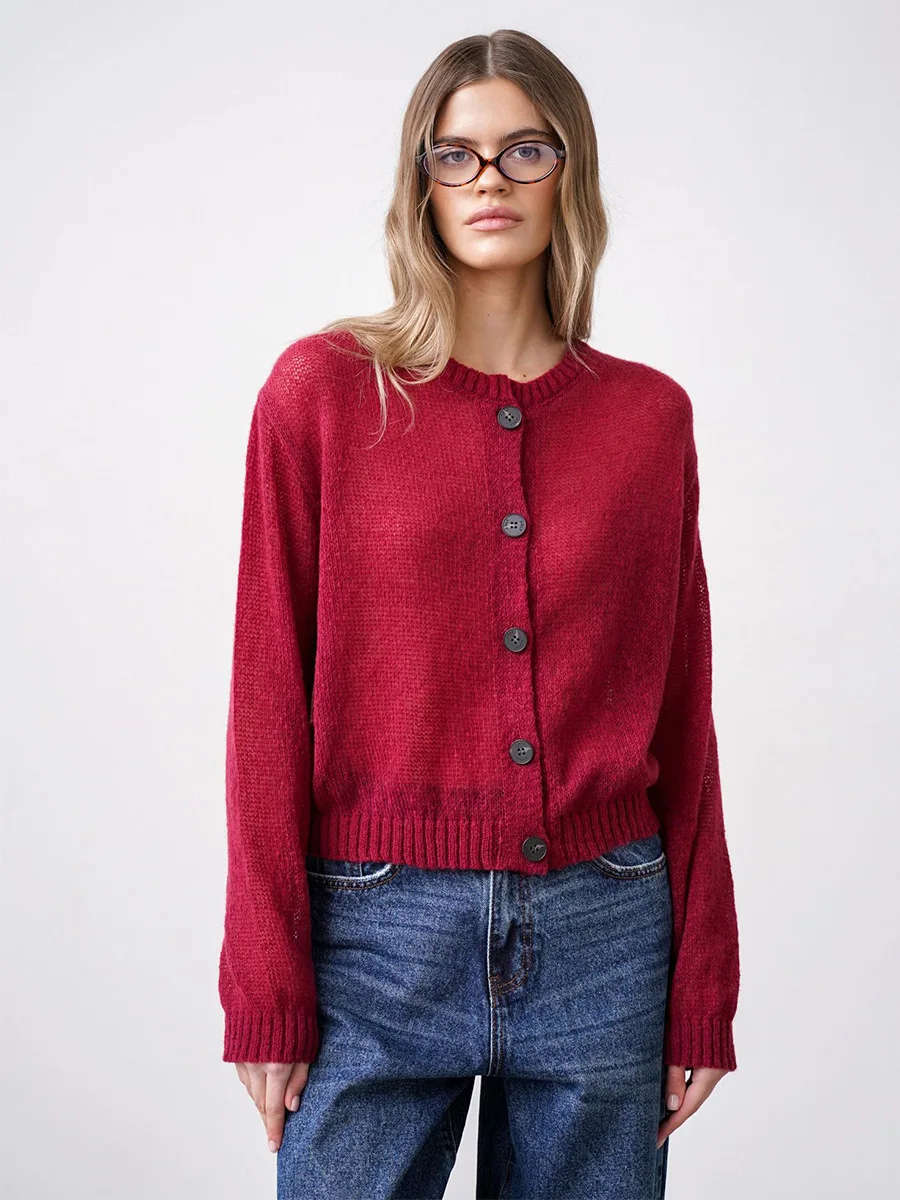 Bornladies Women's Solid Color Knit Cardigan Minimalist Design Button Front Short Style Casual Autumn Winter Sweaters