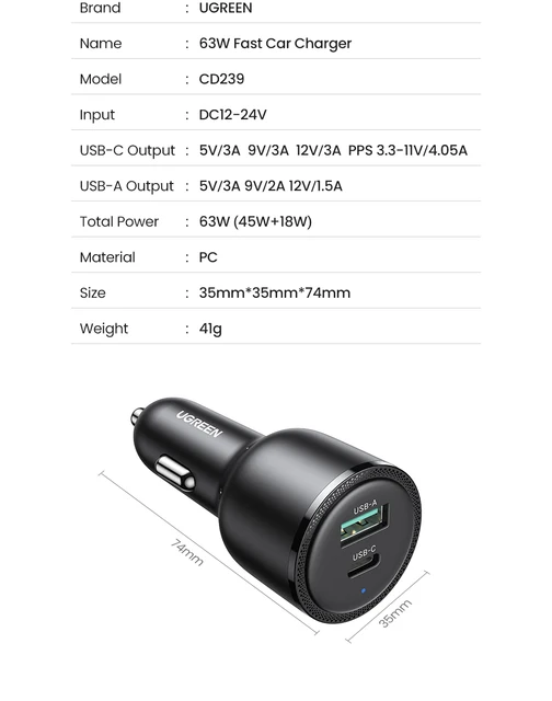 UGREEN Zigarettenanzünder USB C 63W 45W+18W USB C Autoladegerät PD+QC –