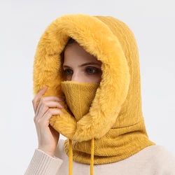 Winter Women's Hooded Fur Cap Mask Set - Knitted Cashmere Neck Warmer Balaclava Ski Hat, Thick Plush Fluffy Beanie (Ginger)