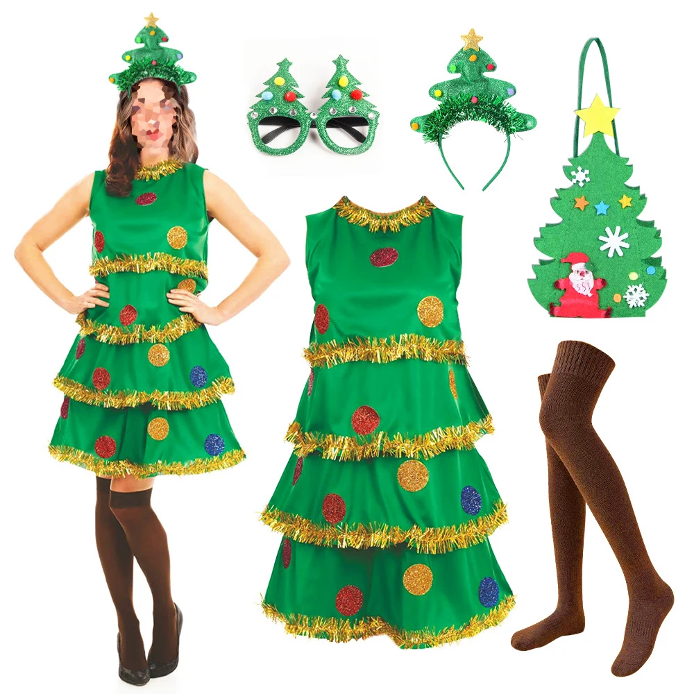 Disfraz De Árbol De Navidad Para Mujer – Vestido Vintage Con Estampado Navideño, Manga Larga Y Corte Holgado, Tallas S-XL