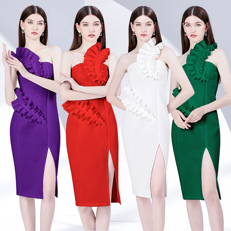 

Sexy One-Shoulder Tube Top Bandage Dress Design Two-Way Three-Dimensional Lace Sloping Shoulder Dress Skinny Sheath Small Dress