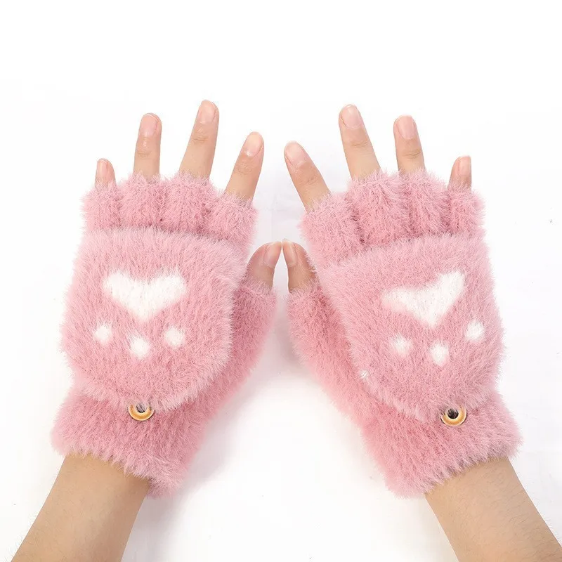 

New Kawaii Women Lovely Mittens Winter Warm Fingerless Gloves Girls Fluffy Bear Cat Plush Paw Claw Half Finger Gloves Good Gifts