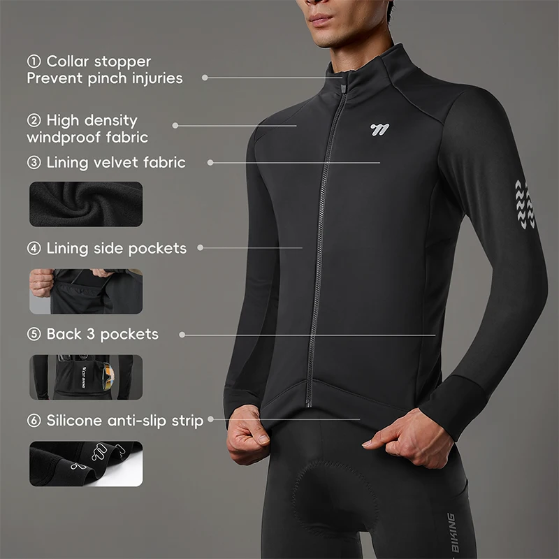WEST BIKING Men's Cycling Jersey Autumn Winter Thermal Cycling Jacket Windproof Warm Long Sleeve Coat Sportswear Bike Clothes
