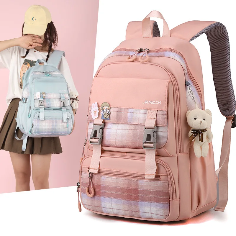 

Bookbag backpack School Bags For Teenage Girls Multi Pockets Kawaii Backpack Women Cute Mochila Fashion Plaid Backpack Luxury