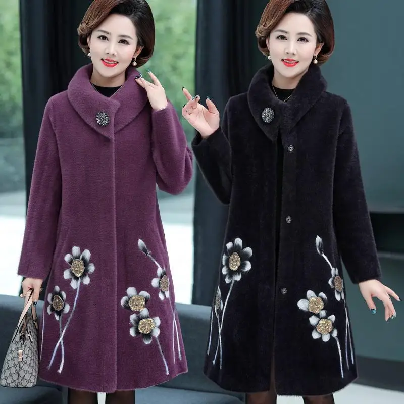 

2023 New Middle-aged Elderly Women Autumn Winter Coat Cotton Woolen Cardigan Mom Fashion Thick Warm Knit Jacket Outwear V13