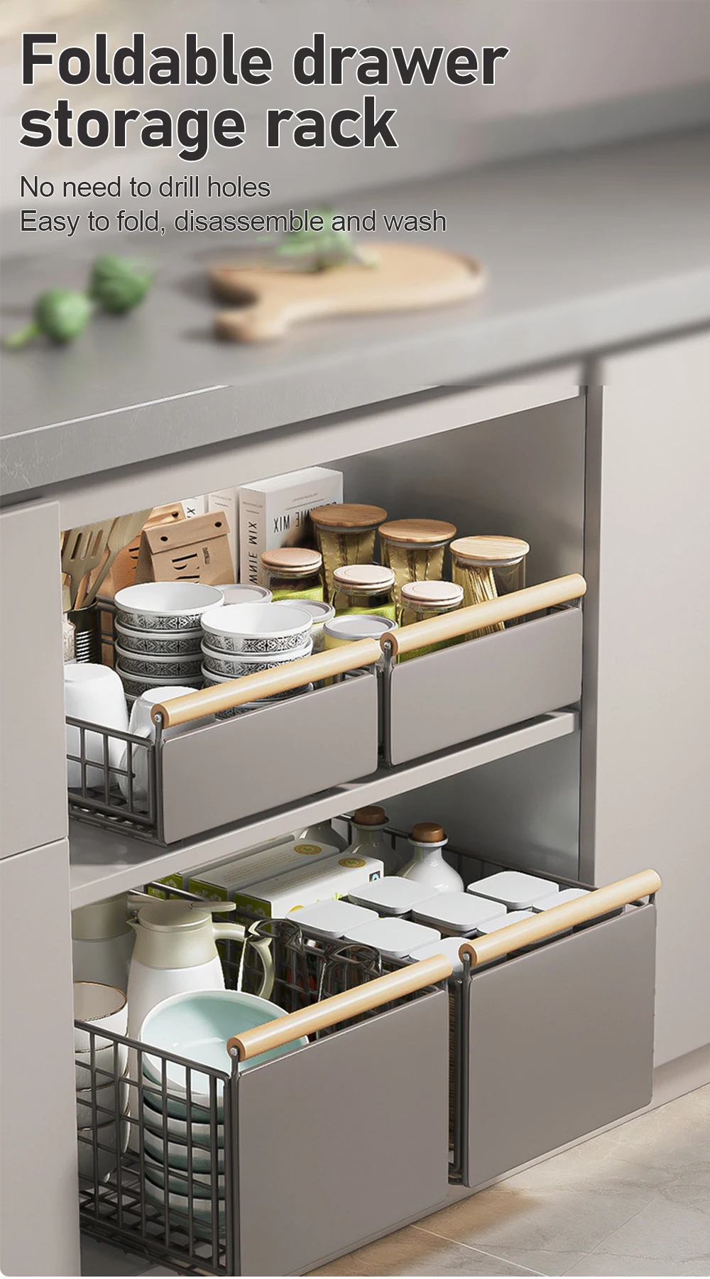 Foldable Pull Out Cabinet Organizer With Wooden Handle Kitchen Storage Sliding Drawer Spice Jars Storage Rack Kitchen Organizer