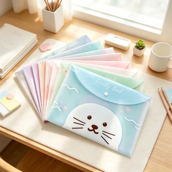 Set di 6 Cartelle Portadocumenti A4 in Plastica con Chiusura a Scatto, Design Kawaii per Planner, Diari e Forniture da Ufficio