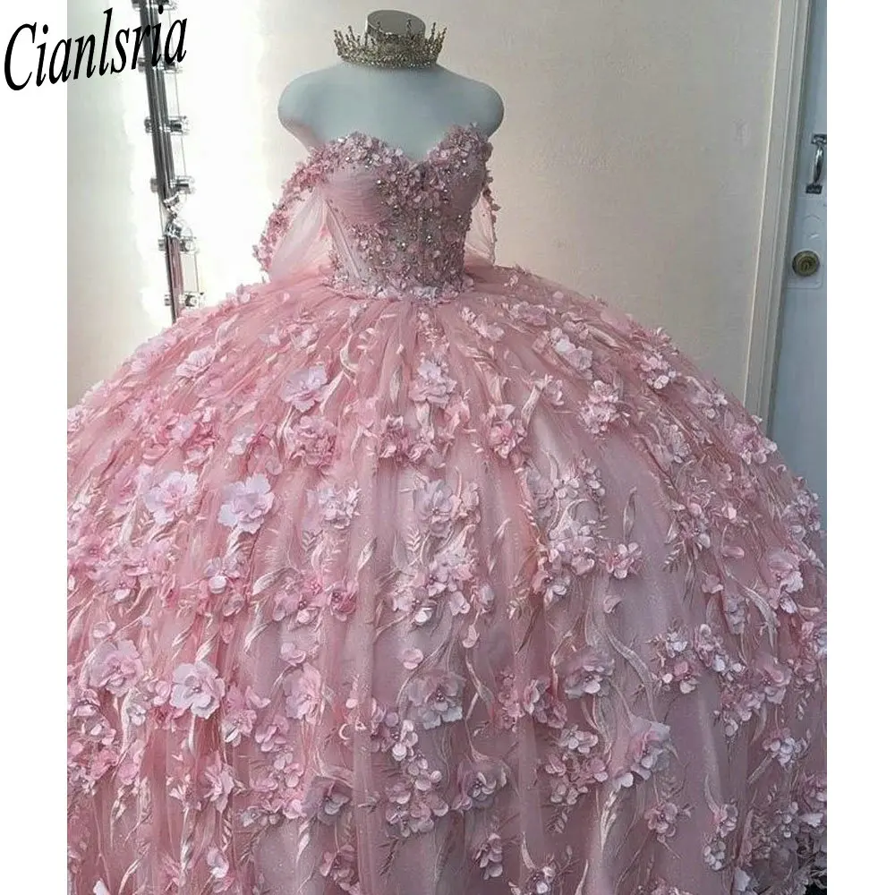 

Pink Off The Shoulder Beading Crystal Quinceanera Dresses Ball Gown Illusion 3D Floral Lace Bow Sweet 15 Vestidos De XV Años