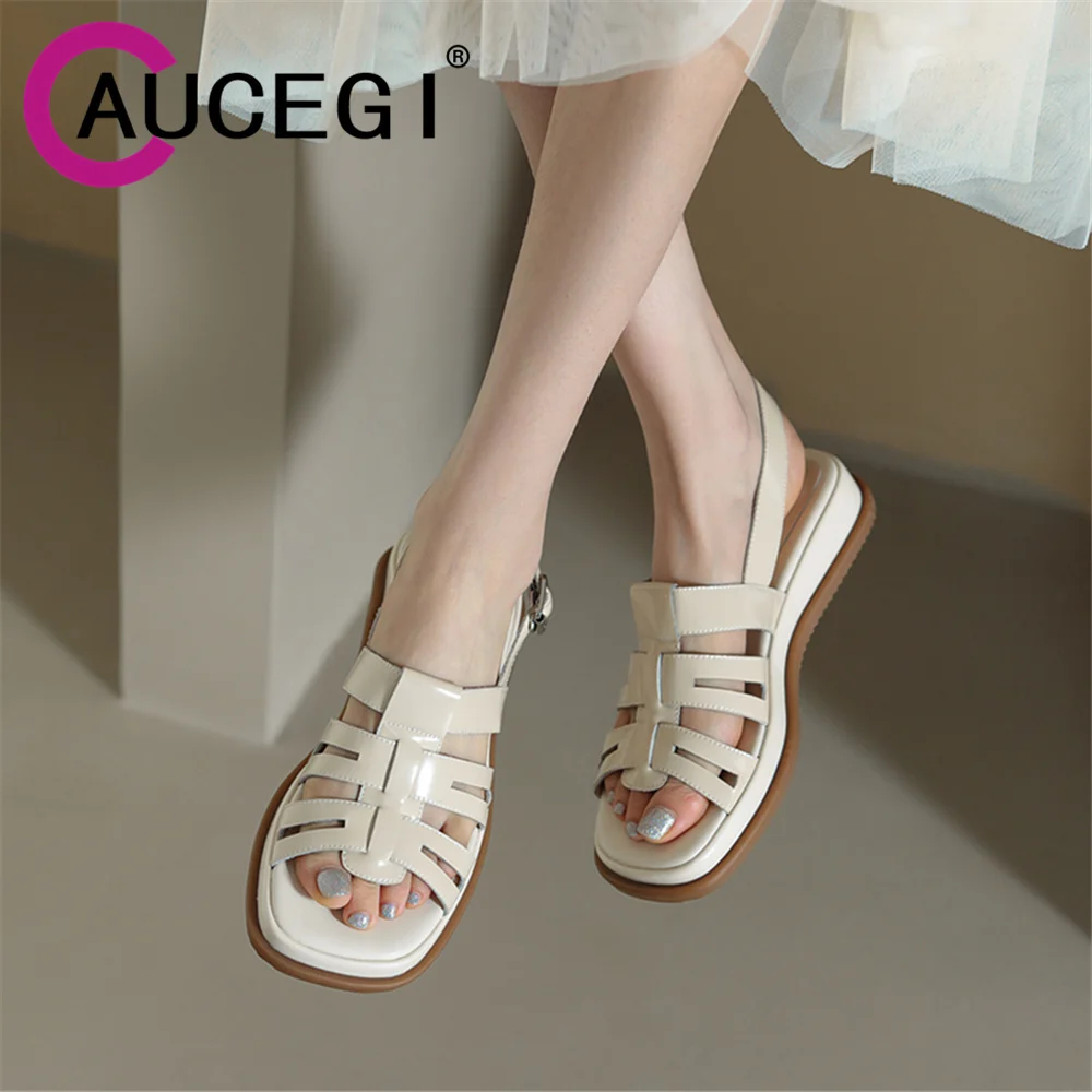 

Aucegi High Quality Summer Fashion Genuine Leather Women Gladiator Sandals Female Rome Flats Buckle Strap Wild Shoes Black Beige