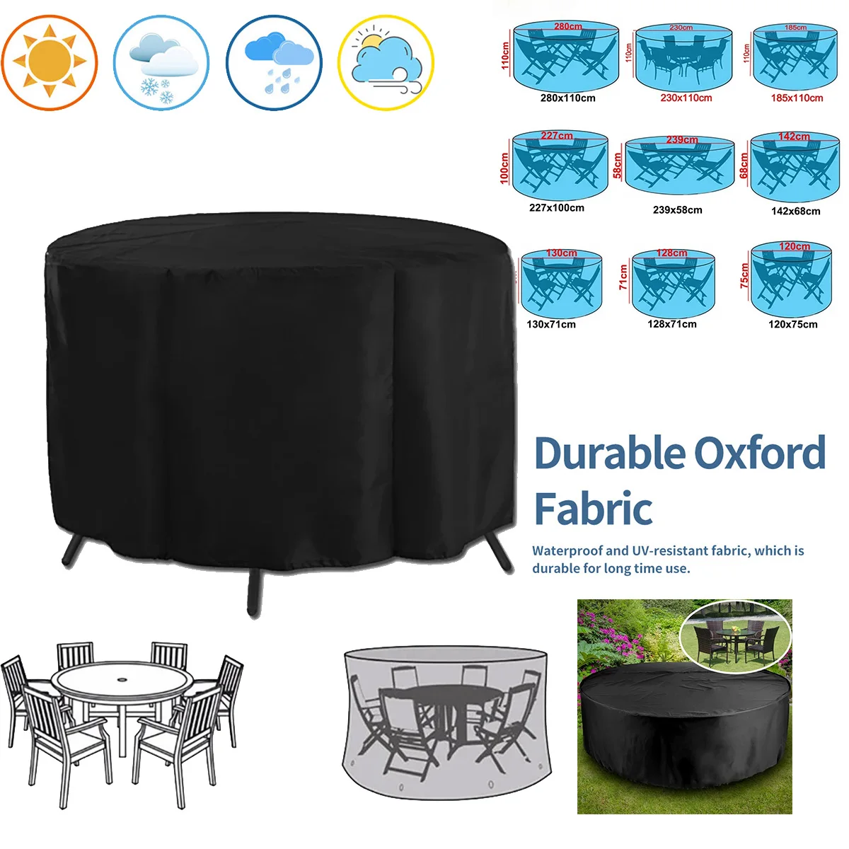 Waterproof Round Outdoor Furniture Protective Cover – Durable Oxford Fabric for Rain, Snow, and Dust Protection