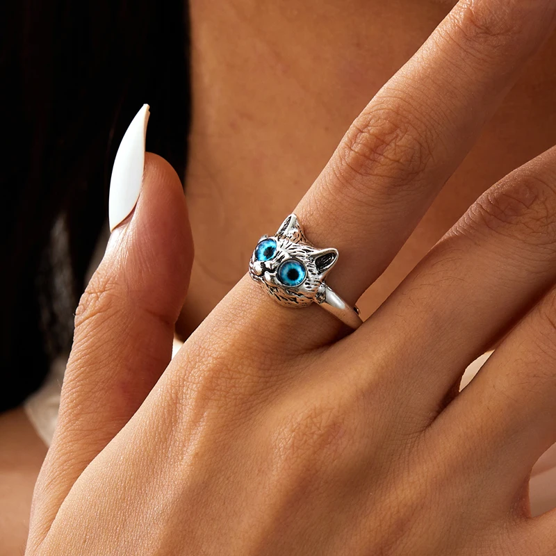 Anello Aperto Regolabile A Forma Di Gattino – Stile Vintage Con Stella, Per Uomo/Donna, Ipoallergenico