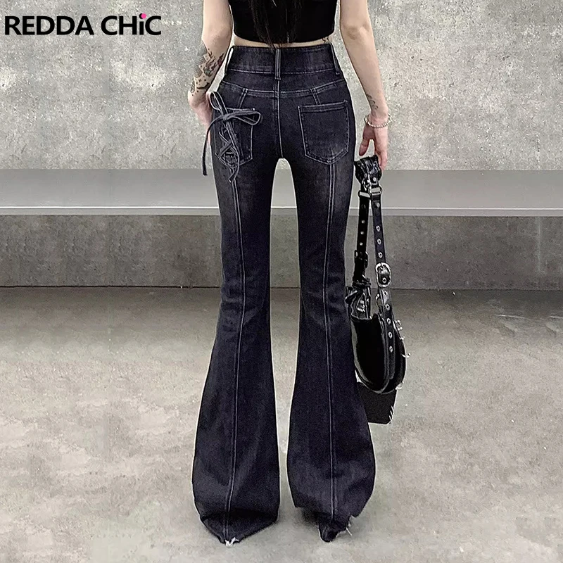 

ReddaChic Bowtie Frayed Bootcut Denim Pants Women High Waist Vintage Wash Bandage Slim Fit Flare Jeans Acubi Fashion Clothes