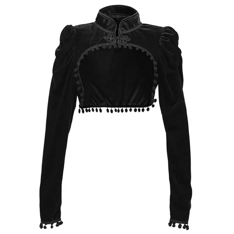 Black Velvet Short Punk Crop Top Vertical Long-sleeved Spring and Autumn Women's Gothic Crop Top Victorian Jacket Retro Corset
