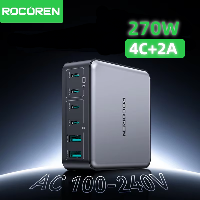 Rocoren 270W 6 ports GaN Fast Charger Desktop Charger Portable Power Station USB Type C Charger For iPhone 16 15 Pro Max Samsung