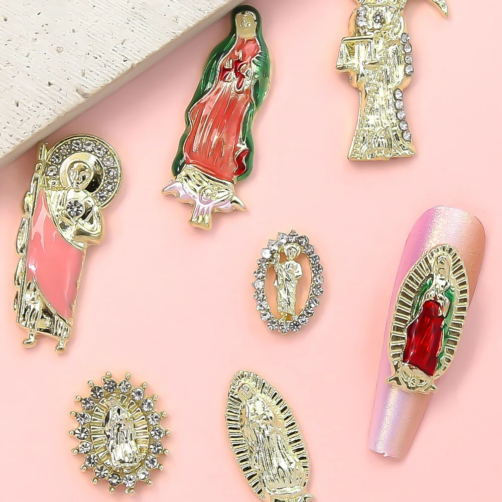 San Judas Virgin Mary 3D 네일 참 키트, 금속 합금 라인석 쥬얼리, 골드 및 레드 부처 원석, DIY 아크릴 손톱용, 21 개