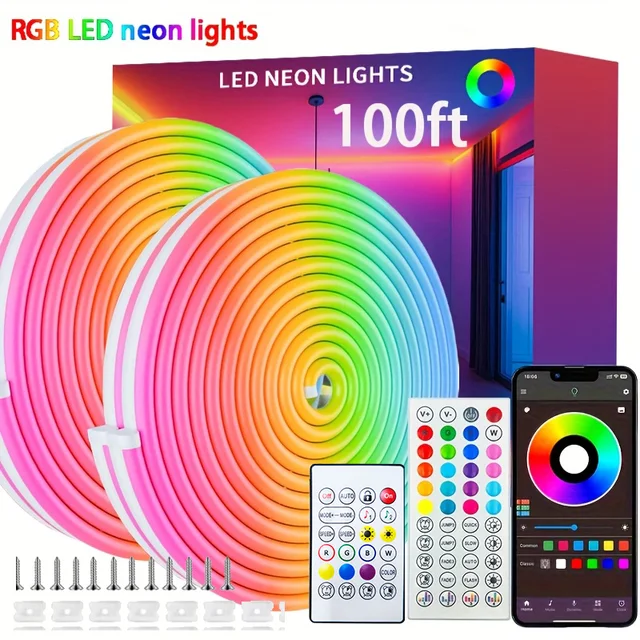 Bande lumineuse LED néon 24V RGB, 5m, 10m, 20m, 30m, application Bluetooth, 24 touches, 44 touches, télécommande, synchronisation de la musique, Kit d'alimentation, 60LED, décor étanche 1