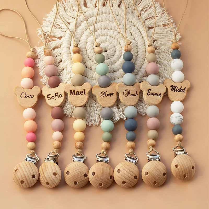 Pacifier Chain Name Wooden Personalized Baby Silicone Bead Dummy Nipple Holder Guard Teether Pendant Newborn Gift