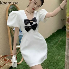 

Koamissa Fashion Women Solid Bodycon Mini Short Dress Puff Short Sleeves Bow Chic Korean A Line Dresses 2022 All Match Vestidos