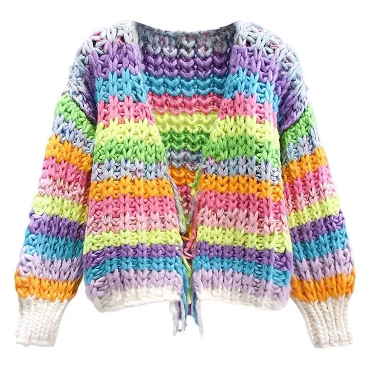 

Hsa Autumn Colorful Knit Crochet Cardigan Women Casual Korean Long Sleeve Loose Sweater Female 2023 Y2K Chic Lace Up Streetwea
