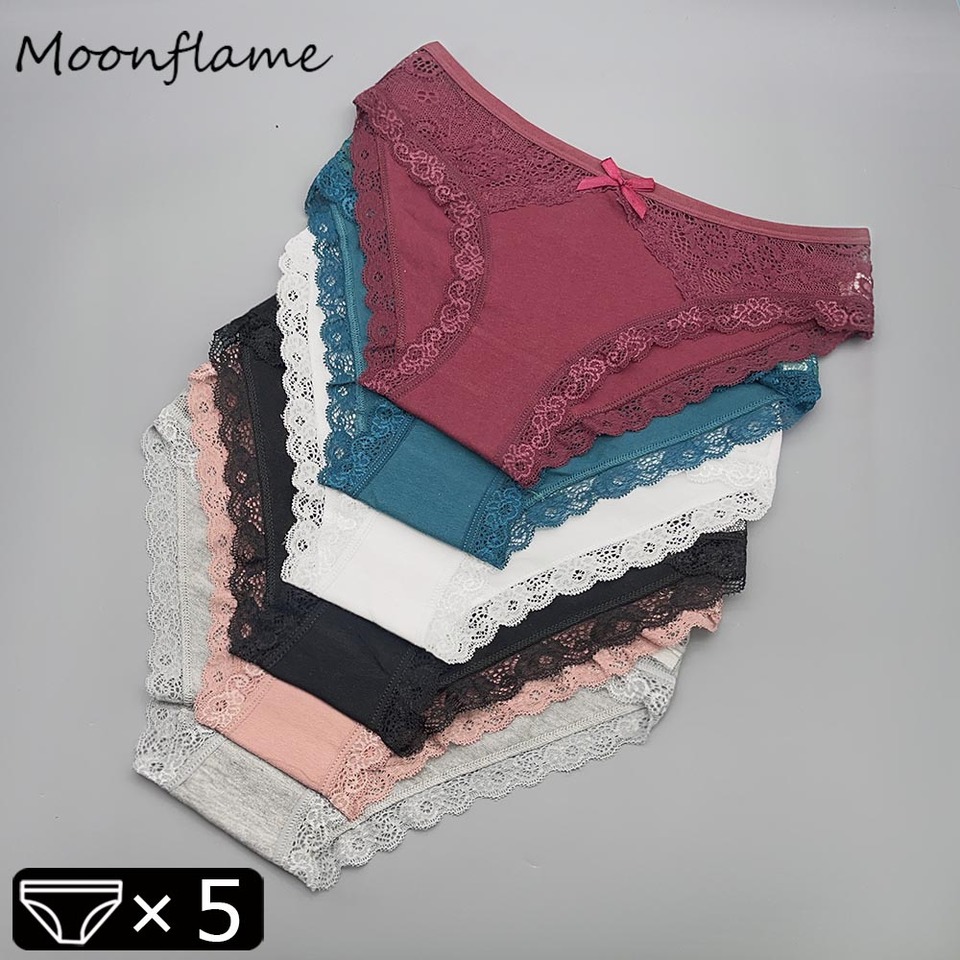 Moonflame 5 Pcs Underwear Girls Low Rise Cotton Briefs Sexy Lace Women's Panties