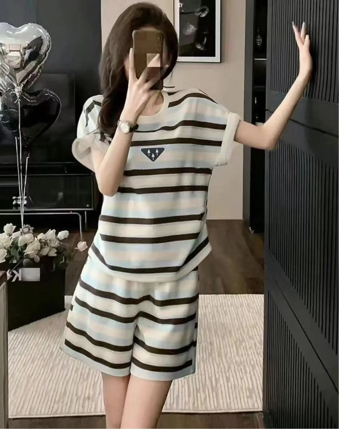 Summer Women's Short sleeved Shorts Loose and Slim Fashion Round Neck Two piece Set with Sports and Casual Stripes Student
