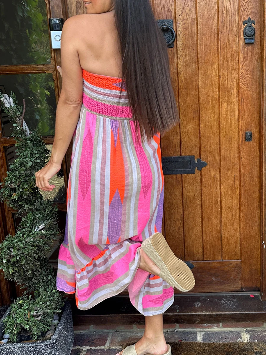 Women s Off-Shoulder Maxi Dress with Ruffled Hemline and Adjustable Waist Tie Boho Chic Sleeveless Summer Dress