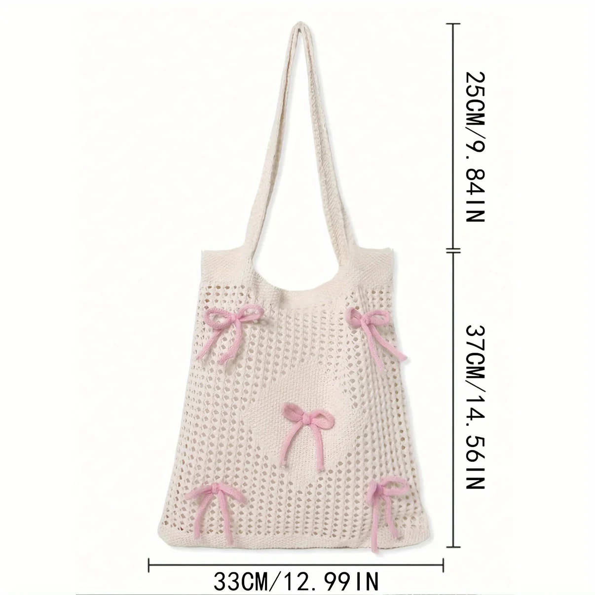 Preppy Style Crochet Tote Bag with Butterfly Accents, Solid Color Polyester Shoulder Bag, Foldable Fashion Beach Bag